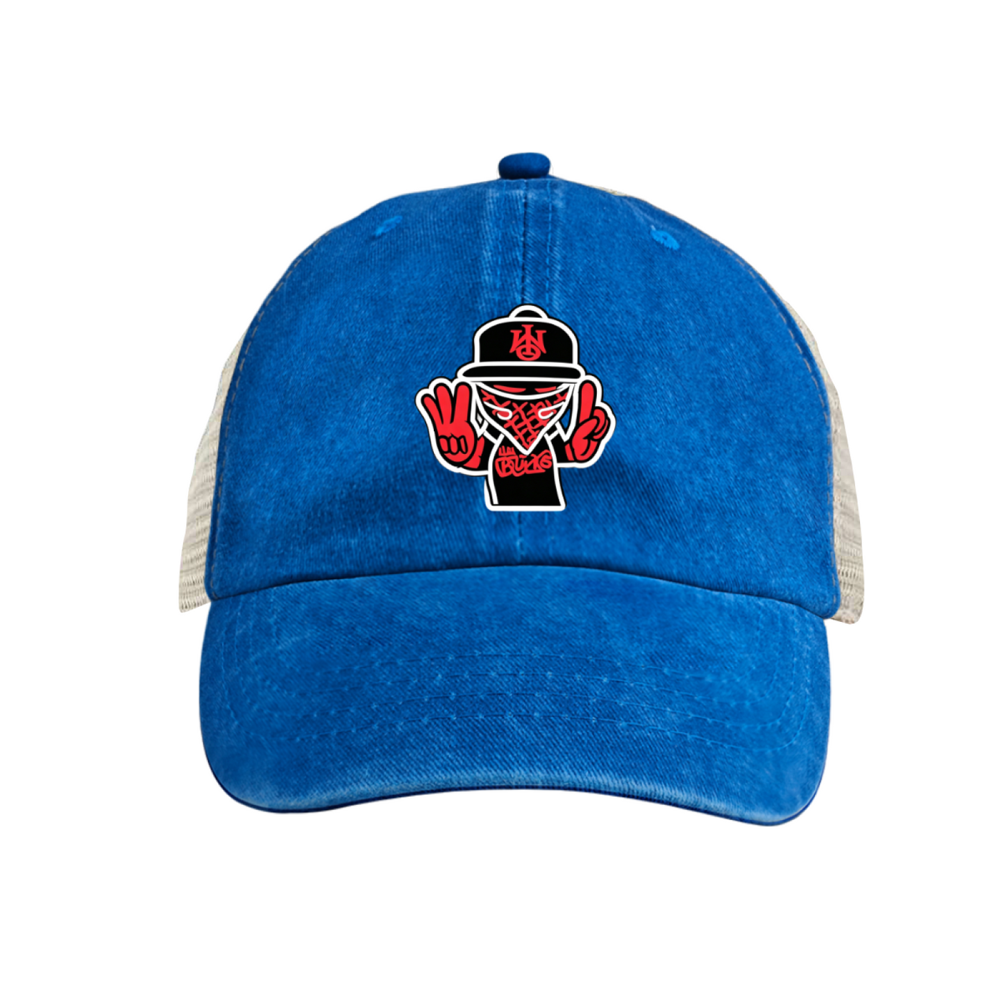 Masked Peace Sign Hip Hop Character Khaki Washed Mesh Trucker Hat, Street Graffiti Retro Snapback Hat