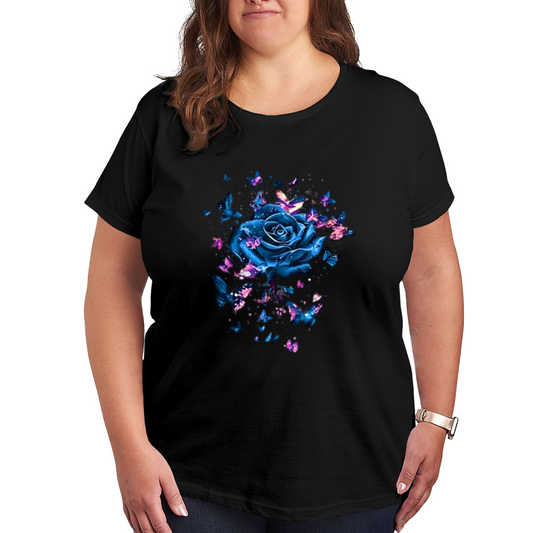 Magical Galaxy Blue Rose Glitter Butterfly Dark Aesthetic Plus Size Women Printed T-Shirt