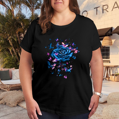 Magical Galaxy Blue Rose Glitter Butterfly Dark Aesthetic Plus Size Women Printed T-Shirt