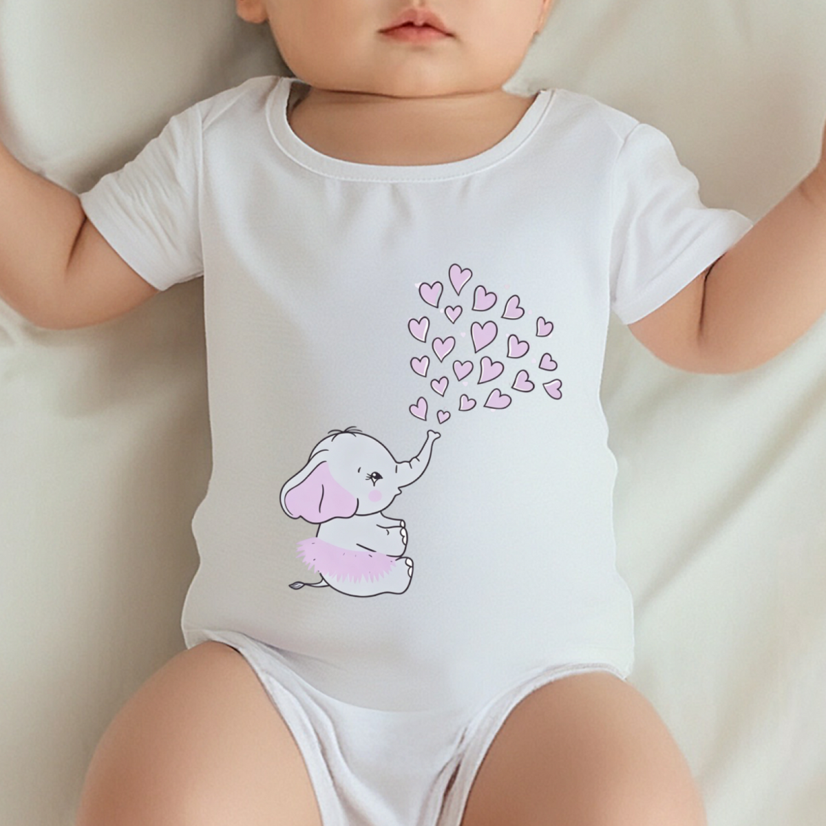 Sweet Pink Heart Baby Elephant Girl Bodysuit Soft Infant Outfit