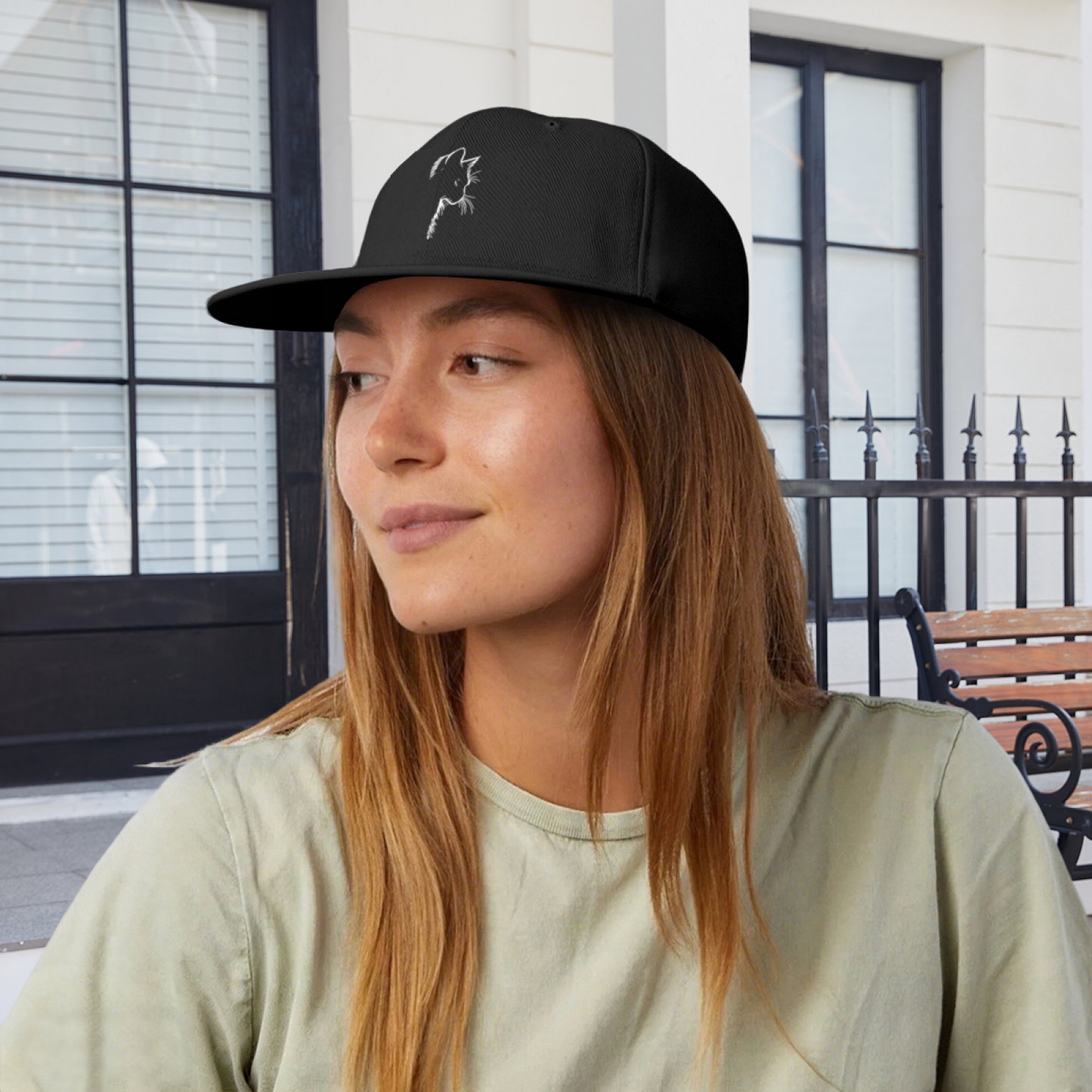 Minimalist Cat Silhouette Black Flat Bill Snapback, Cute Feline Lover Sun Hat