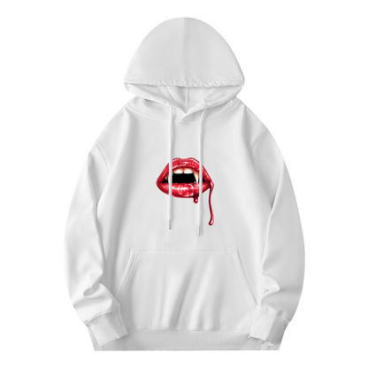 Vampire Blood Lips White Hoodie, Edgy Cozy Street Top