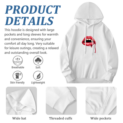 Vampire Blood Lips White Hoodie, Edgy Cozy Street Top