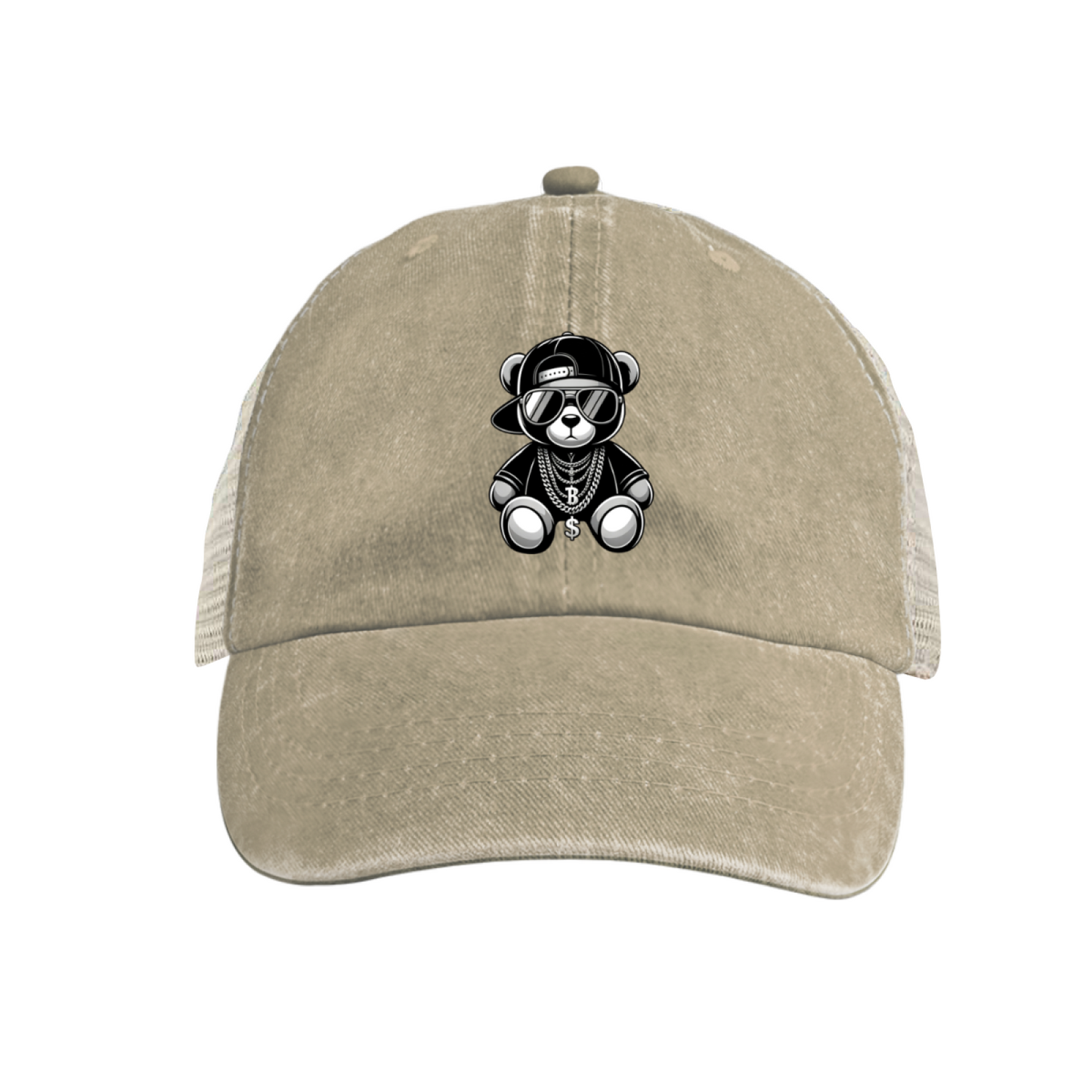 Hip Hop Cool Teddy Bear Khaki Washed Mesh Trucker Hat, Street Cartoon Retro Adjustable Snapback Hat