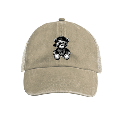 Hip Hop Cool Teddy Bear Khaki Washed Mesh Trucker Hat, Street Cartoon Retro Adjustable Snapback Hat