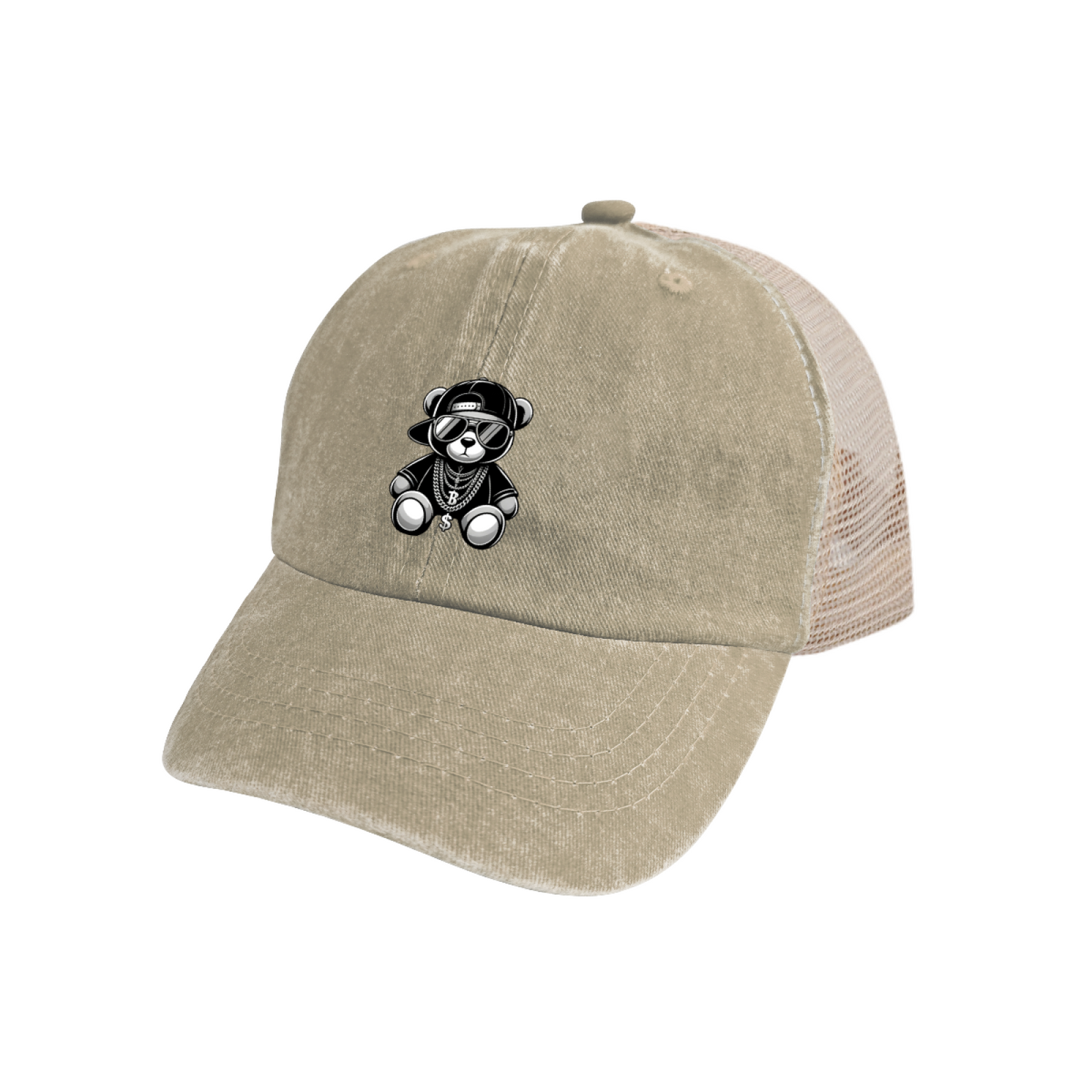Hip Hop Cool Teddy Bear Khaki Washed Mesh Trucker Hat, Street Cartoon Retro Adjustable Snapback Hat