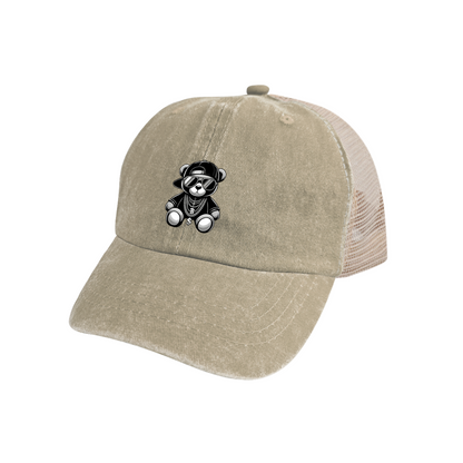 Hip Hop Cool Teddy Bear Khaki Washed Mesh Trucker Hat, Street Cartoon Retro Adjustable Snapback Hat