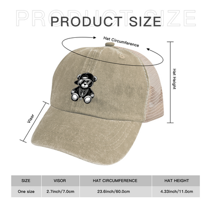 Hip Hop Cool Teddy Bear Khaki Washed Mesh Trucker Hat, Street Cartoon Retro Adjustable Snapback Hat
