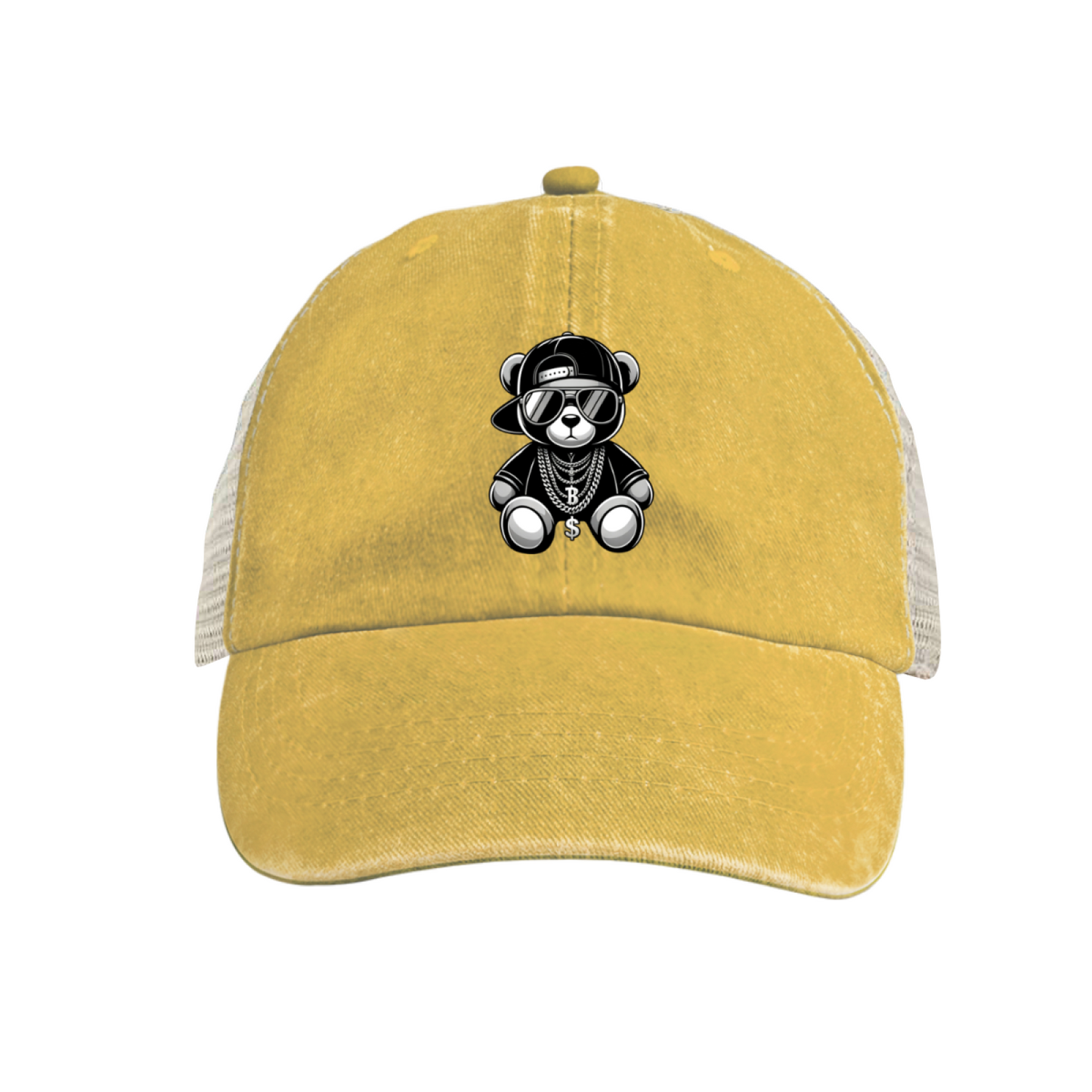 Hip Hop Cool Teddy Bear Khaki Washed Mesh Trucker Hat, Street Cartoon Retro Adjustable Snapback Hat