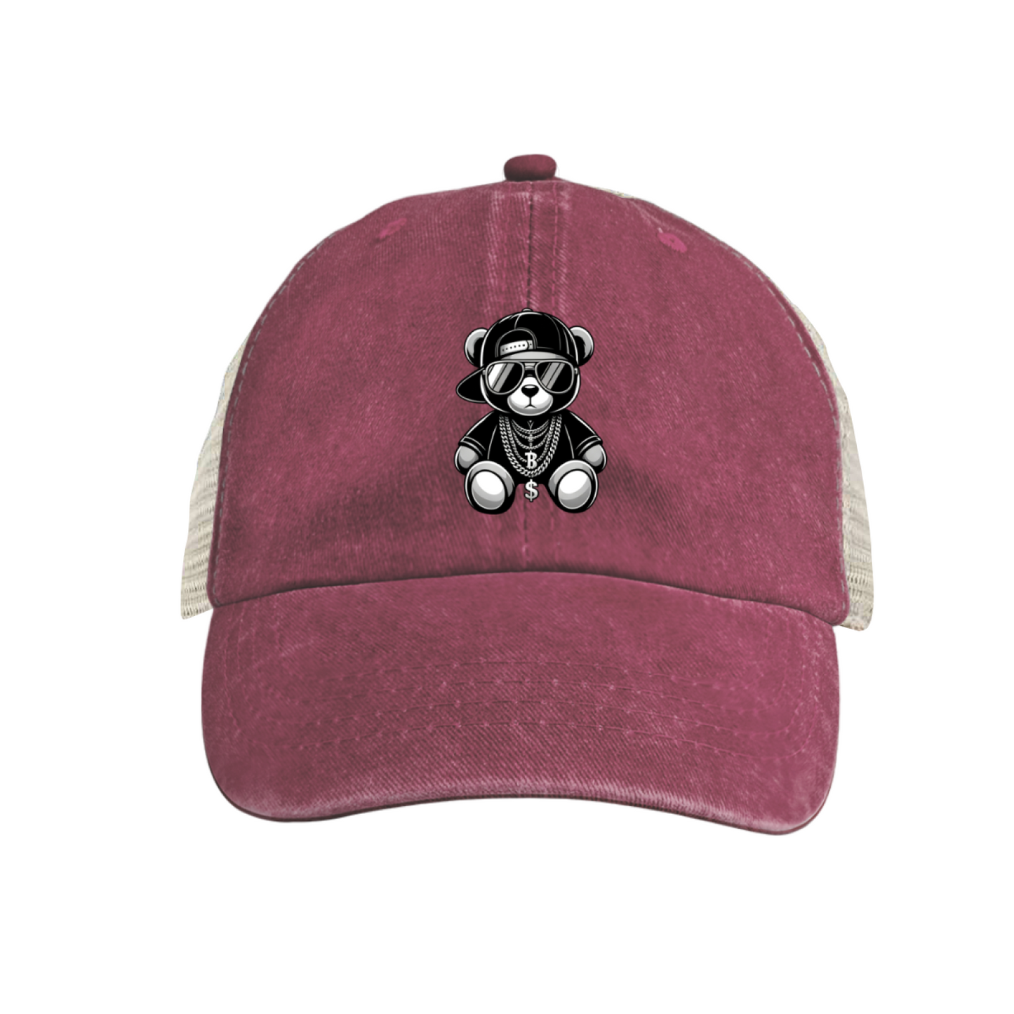 Hip Hop Cool Teddy Bear Khaki Washed Mesh Trucker Hat, Street Cartoon Retro Adjustable Snapback Hat