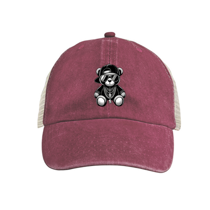 Hip Hop Cool Teddy Bear Khaki Washed Mesh Trucker Hat, Street Cartoon Retro Adjustable Snapback Hat