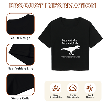 Punctuation Saves Lives Funny Dinosaur Black Crop Tee ¨C Humor Grammar Lover Cropped Top