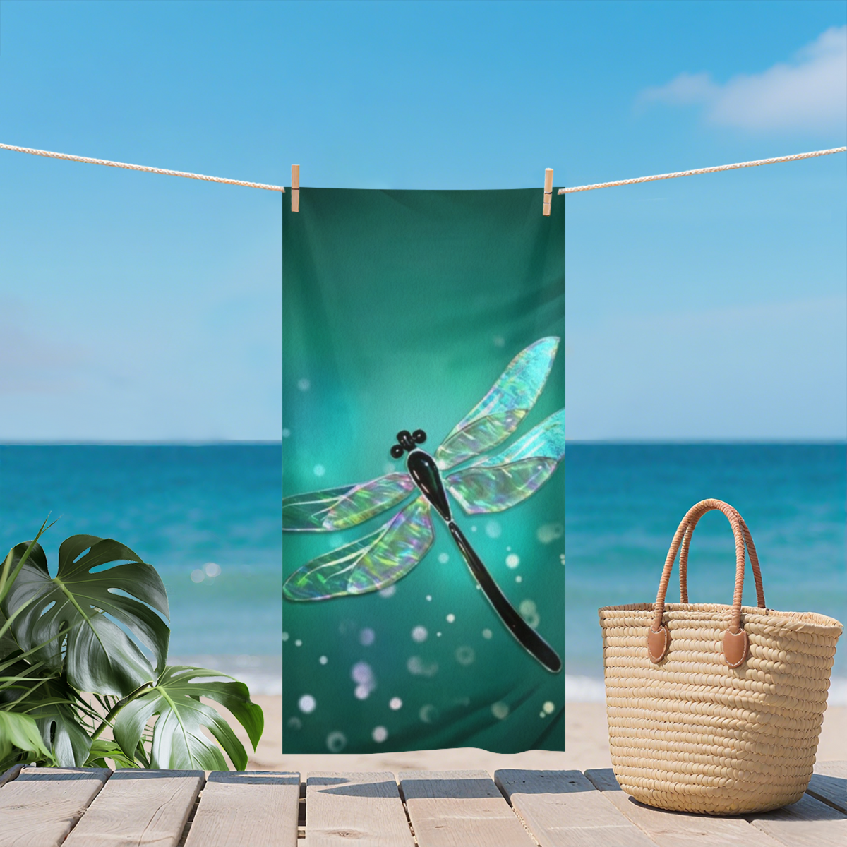 Glowing Iridescent Dragonfly Teal Beach Towel, Luxuriously Soft & Efficient Water Absorbent, All Sizes In Stock, Comfortable Portable Towel for Pool Yoga Beach