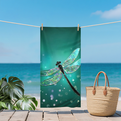 Glowing Iridescent Dragonfly Teal Beach Towel, Luxuriously Soft & Efficient Water Absorbent, All Sizes In Stock, Comfortable Portable Towel for Pool Yoga Beach