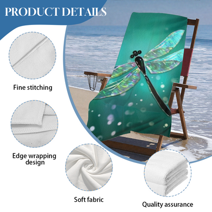 Glowing Iridescent Dragonfly Teal Beach Towel, Luxuriously Soft & Efficient Water Absorbent, All Sizes In Stock, Comfortable Portable Towel for Pool Yoga Beach