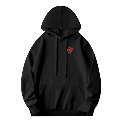 Tiny Red Rose Pocket Print Minimal Hoodie, Soft Everyday Comfort Wear