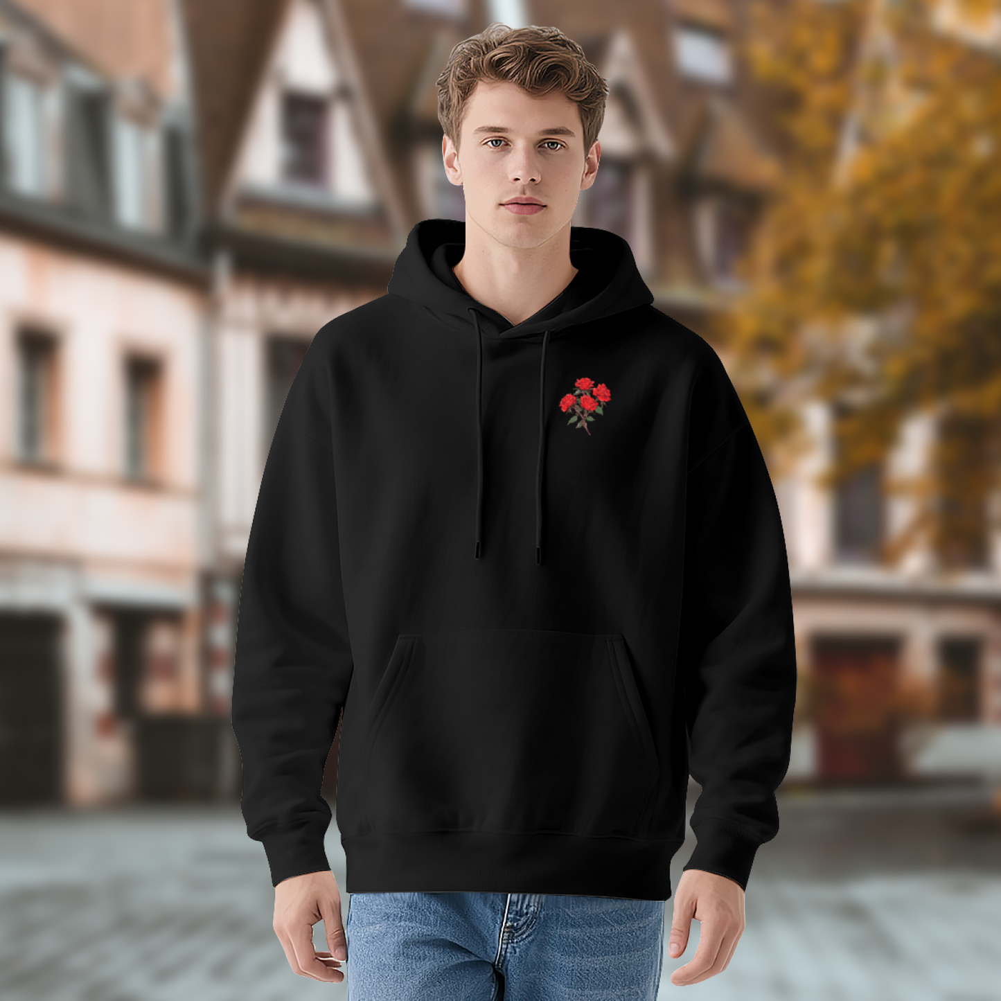 Tiny Red Rose Pocket Print Minimal Hoodie, Soft Everyday Comfort Wear