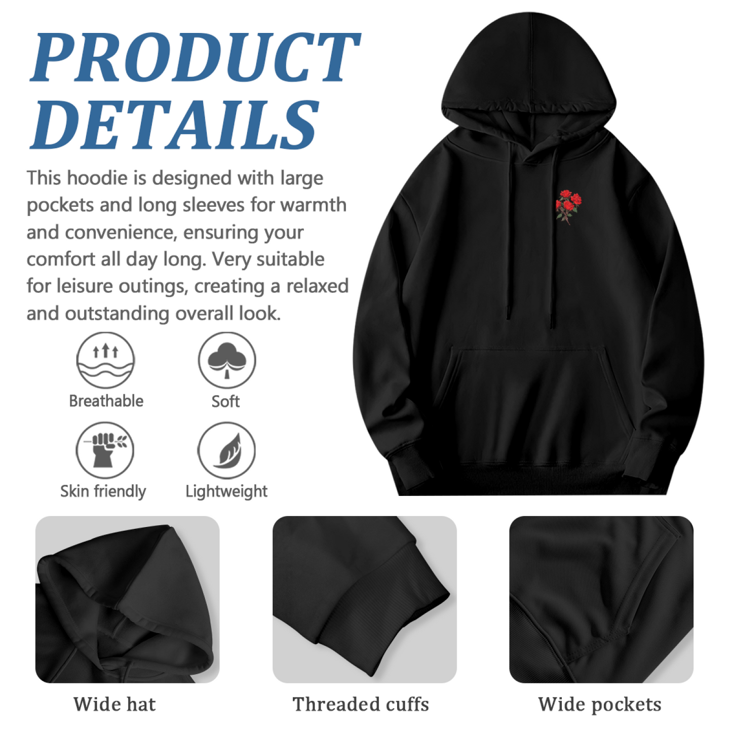 Tiny Red Rose Pocket Print Minimal Hoodie, Soft Everyday Comfort Wear
