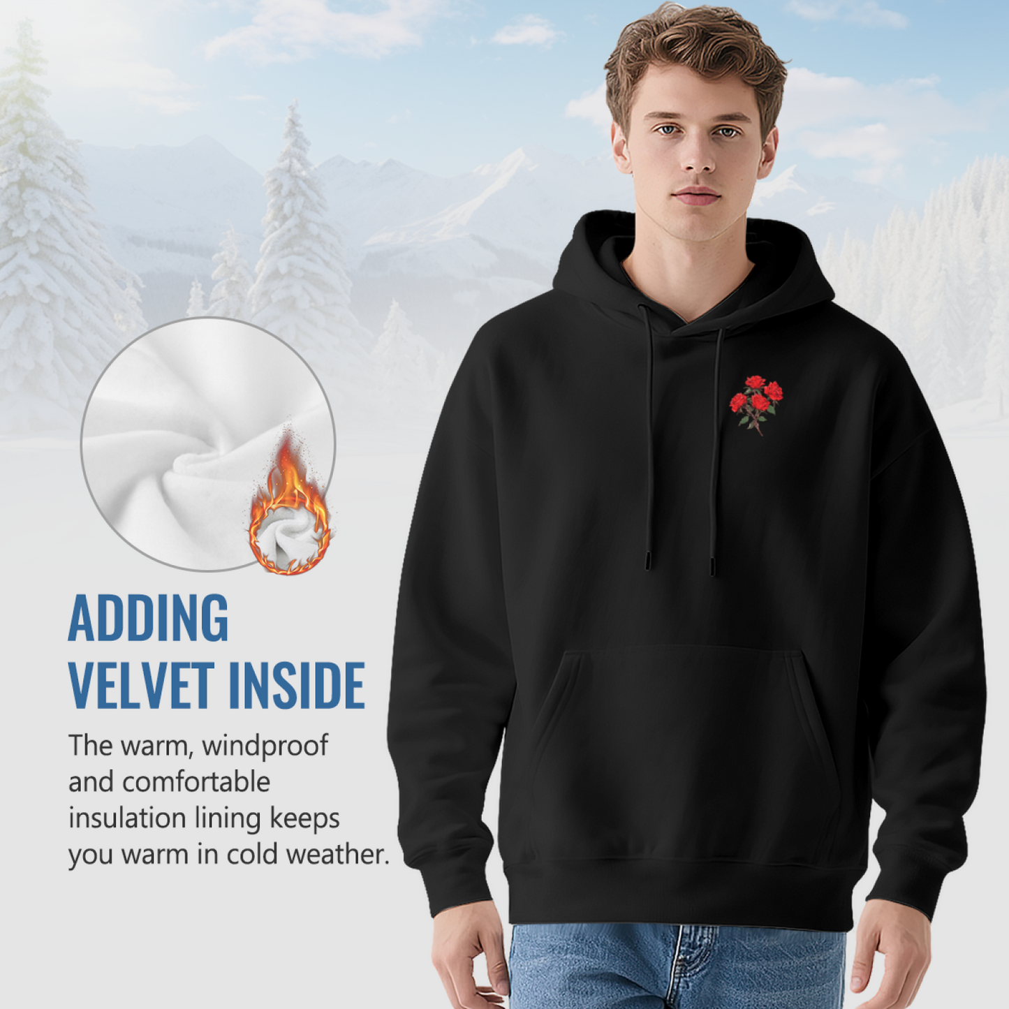 Tiny Red Rose Pocket Print Minimal Hoodie, Soft Everyday Comfort Wear