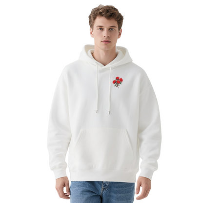 Tiny Red Rose Pocket Print Minimal Hoodie, Soft Everyday Comfort Wear