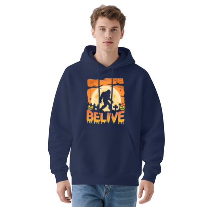 Bigfoot Halloween Graveyard BELIVE Print Black Hoodie, Relaxed Fit Horror Sweatshirt