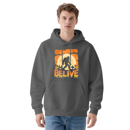 Bigfoot Halloween Graveyard BELIVE Print Black Hoodie, Relaxed Fit Horror Sweatshirt