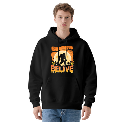 Bigfoot Halloween Graveyard BELIVE Print Black Hoodie, Relaxed Fit Horror Sweatshirt