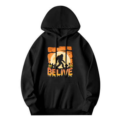 Bigfoot Halloween Graveyard BELIVE Print Black Hoodie, Relaxed Fit Horror Sweatshirt