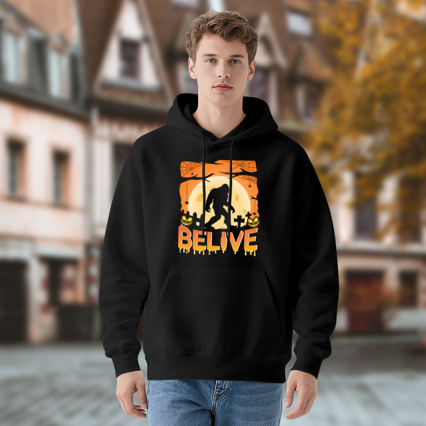 Bigfoot Halloween Graveyard BELIVE Print Black Hoodie, Relaxed Fit Horror Sweatshirt