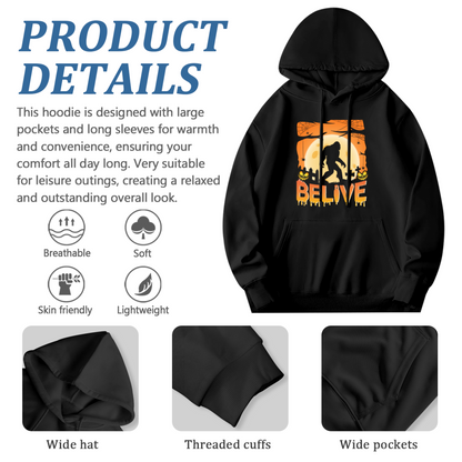 Bigfoot Halloween Graveyard BELIVE Print Black Hoodie, Relaxed Fit Horror Sweatshirt