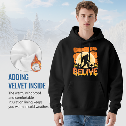 Bigfoot Halloween Graveyard BELIVE Print Black Hoodie, Relaxed Fit Horror Sweatshirt