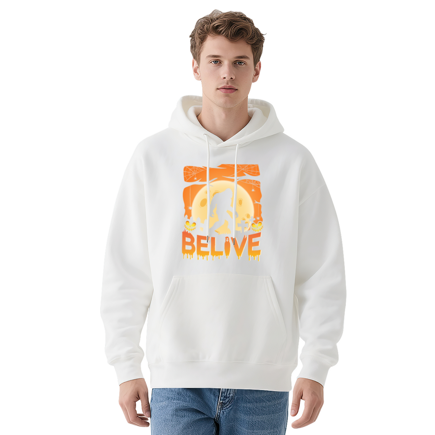 Bigfoot Halloween Graveyard BELIVE Print Black Hoodie, Relaxed Fit Horror Sweatshirt
