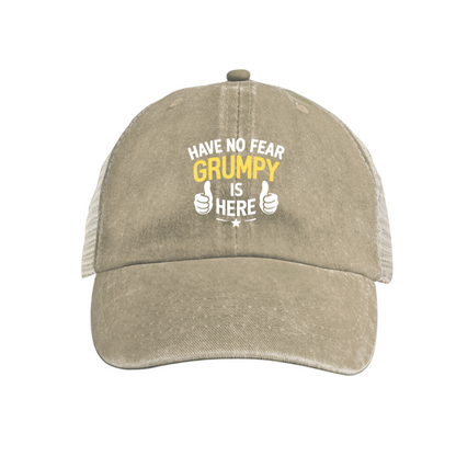Have No Fear Grumpy Is Here Funny Slogan Maroon Washed Mesh Trucker Hat ¨C Grandpa Humor Cap