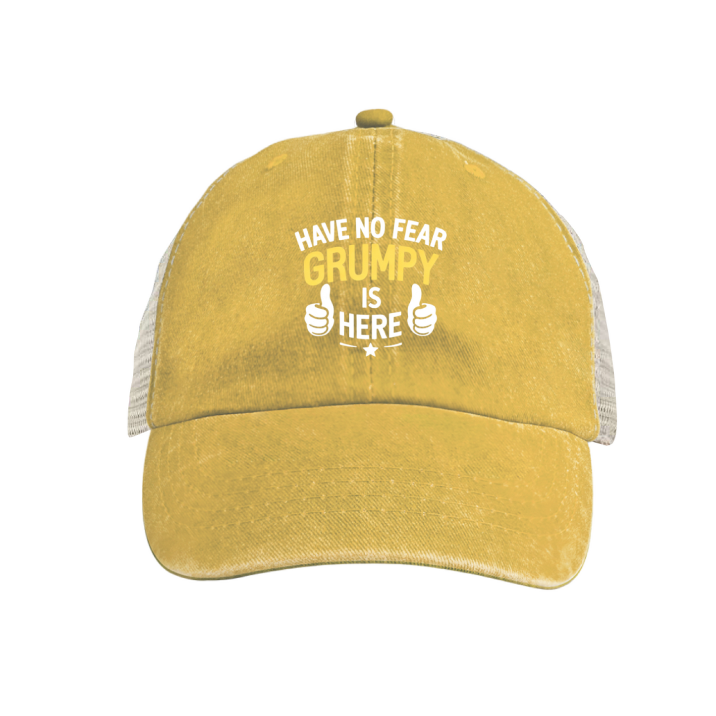 Have No Fear Grumpy Is Here Funny Slogan Maroon Washed Mesh Trucker Hat ¨C Grandpa Humor Cap