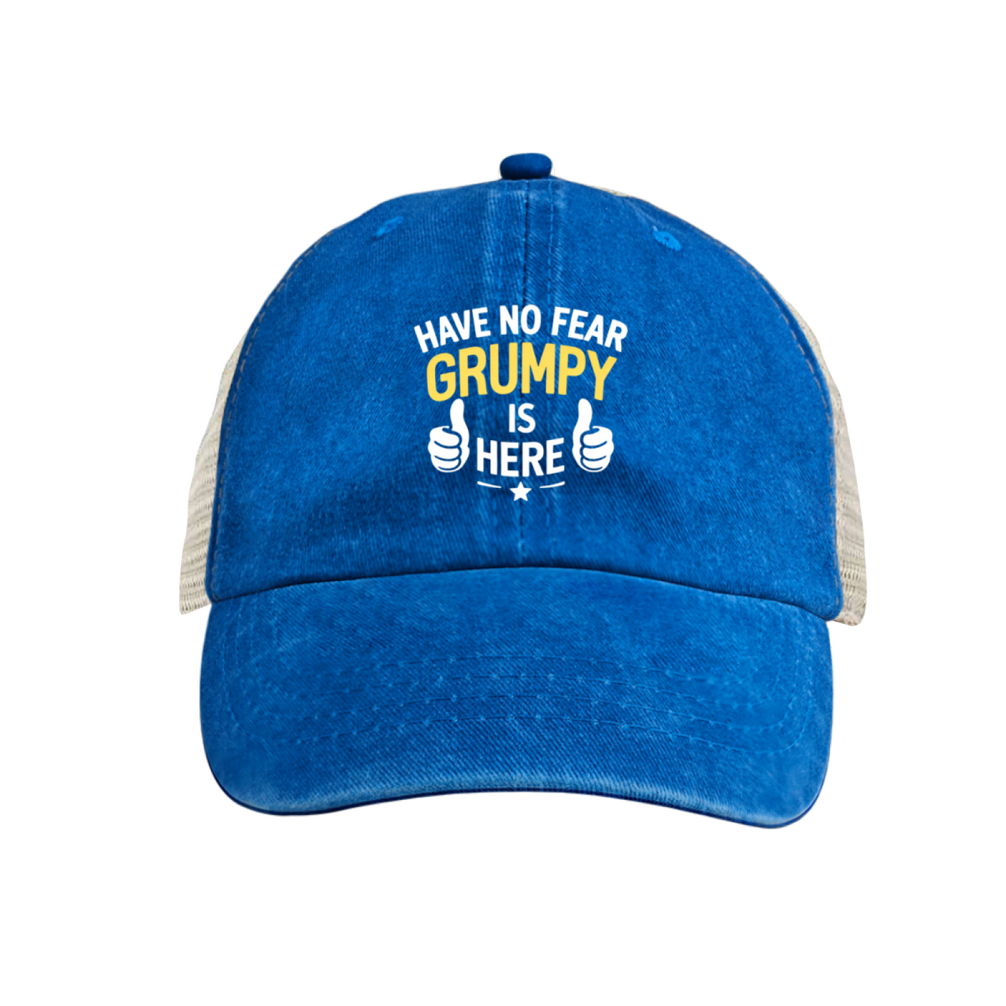 Have No Fear Grumpy Is Here Funny Slogan Maroon Washed Mesh Trucker Hat ¨C Grandpa Humor Cap