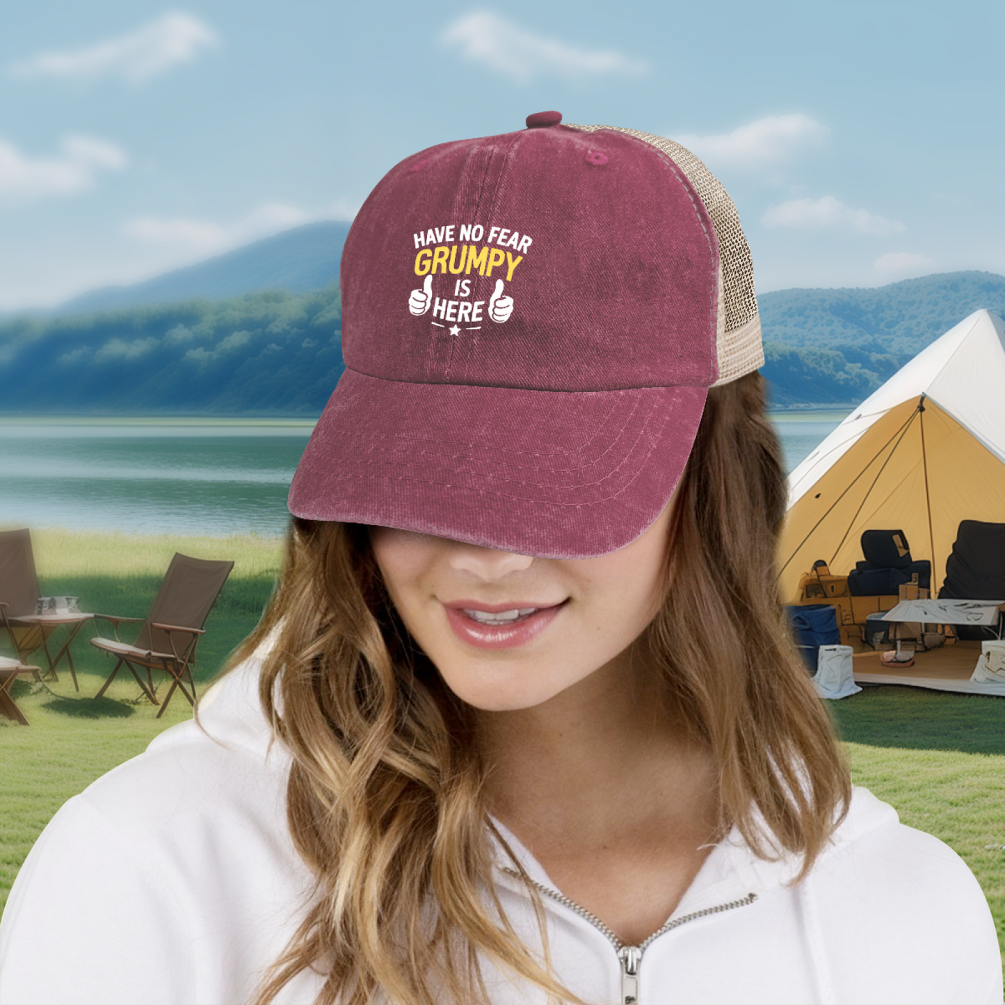 Have No Fear Grumpy Is Here Funny Slogan Maroon Washed Mesh Trucker Hat ¨C Grandpa Humor Cap