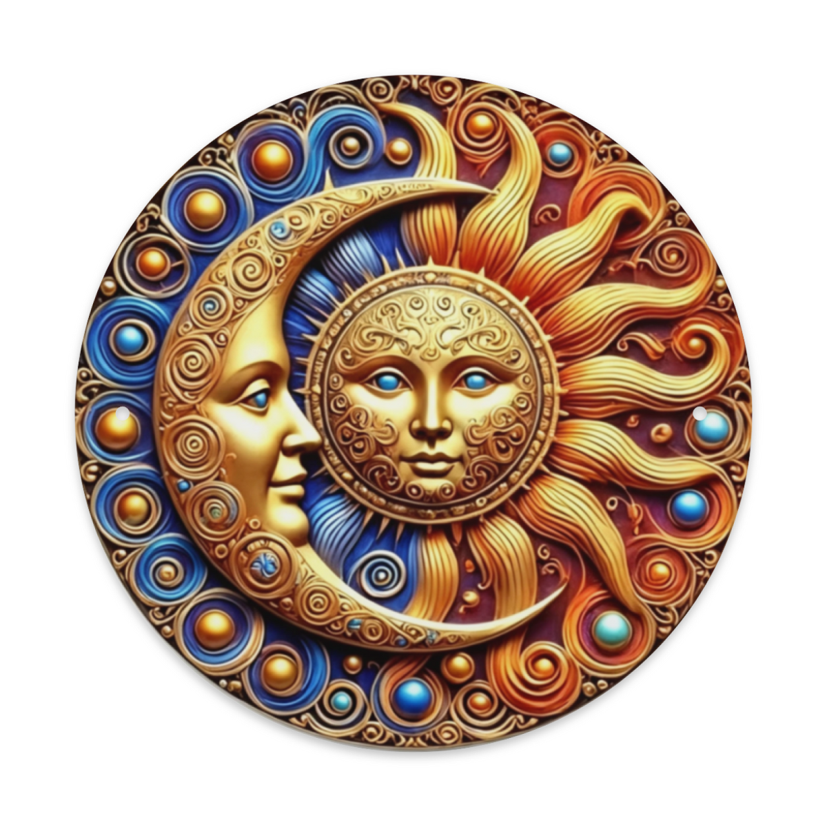 Ornate Gold Sun & Moon Face Celestial Round Tin Sign Boho Mystic Wall Art