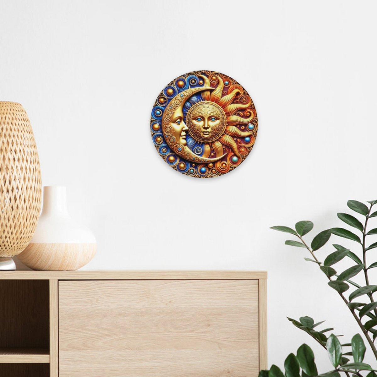 Ornate Gold Sun & Moon Face Celestial Round Tin Sign Boho Mystic Wall Art