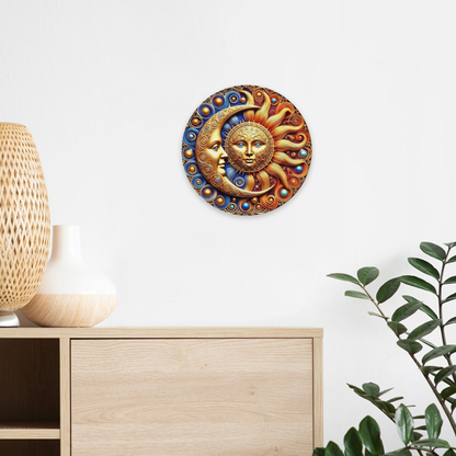 Ornate Gold Sun & Moon Face Celestial Round Tin Sign Boho Mystic Wall Art