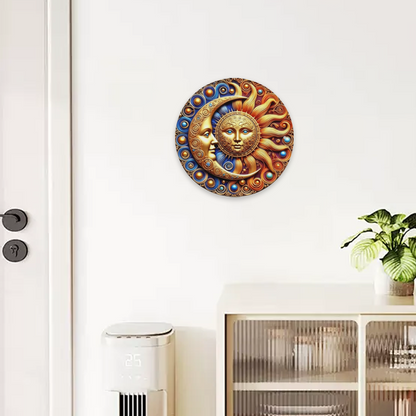 Ornate Gold Sun & Moon Face Celestial Round Tin Sign Boho Mystic Wall Art