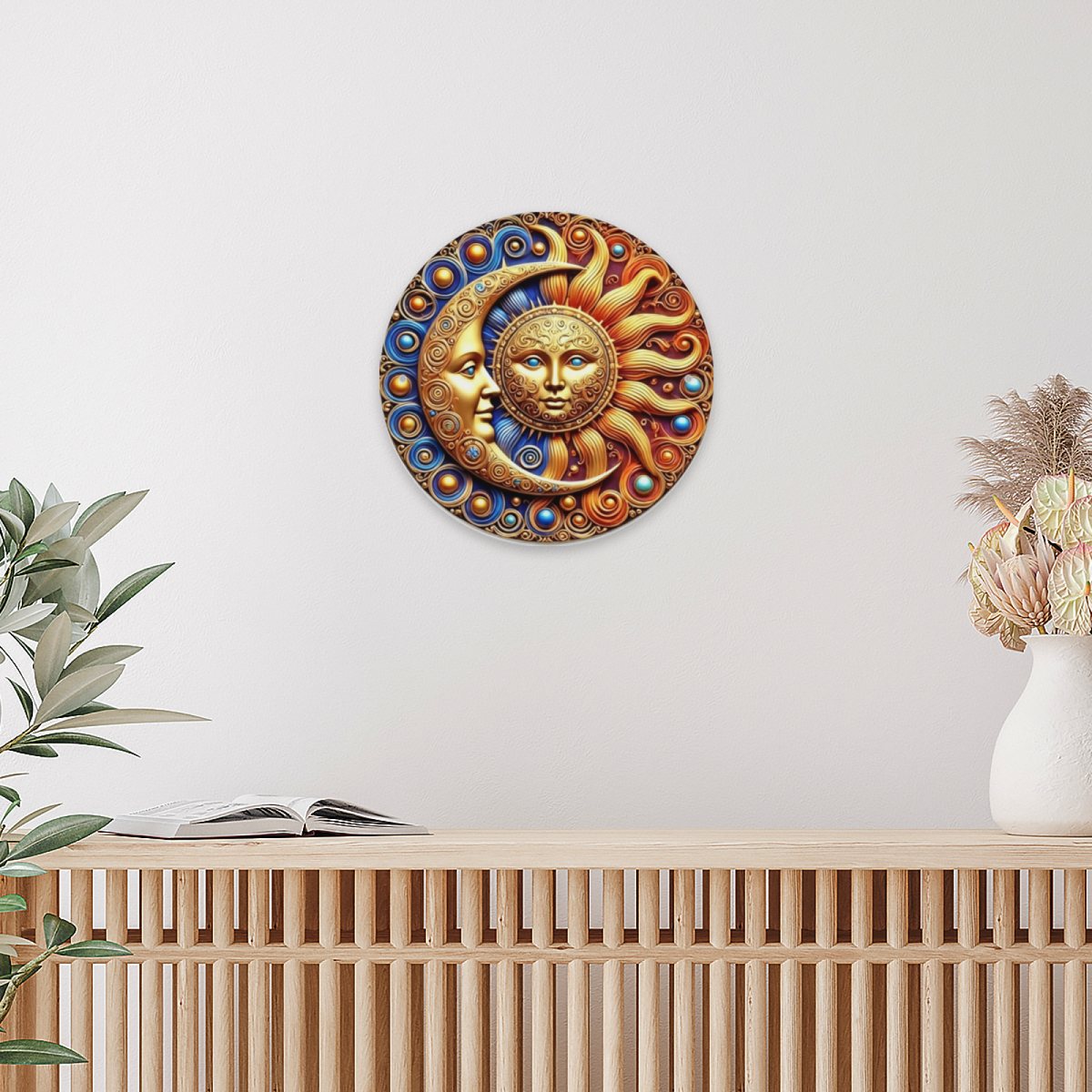 Ornate Gold Sun & Moon Face Celestial Round Tin Sign Boho Mystic Wall Art