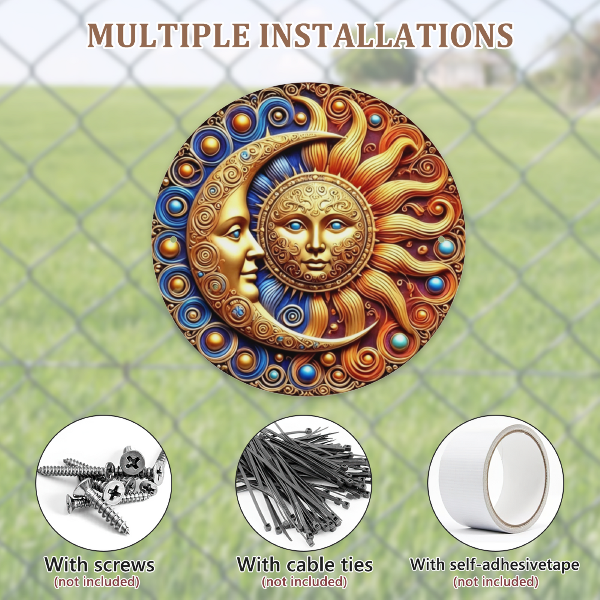 Ornate Gold Sun & Moon Face Celestial Round Tin Sign Boho Mystic Wall Art