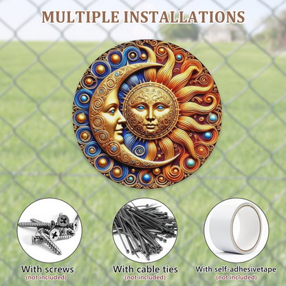 Ornate Gold Sun & Moon Face Celestial Round Tin Sign Boho Mystic Wall Art
