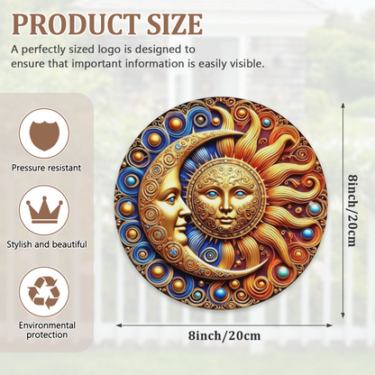 Ornate Gold Sun & Moon Face Celestial Round Tin Sign Boho Mystic Wall Art