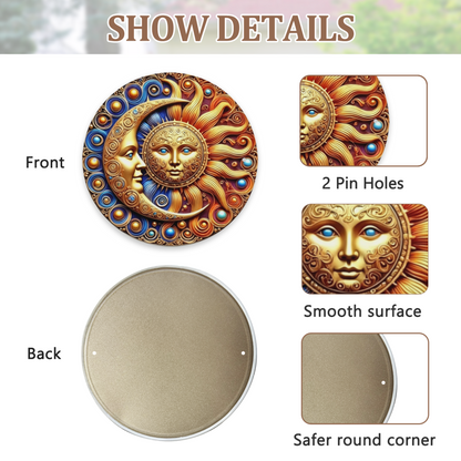 Ornate Gold Sun & Moon Face Celestial Round Tin Sign Boho Mystic Wall Art
