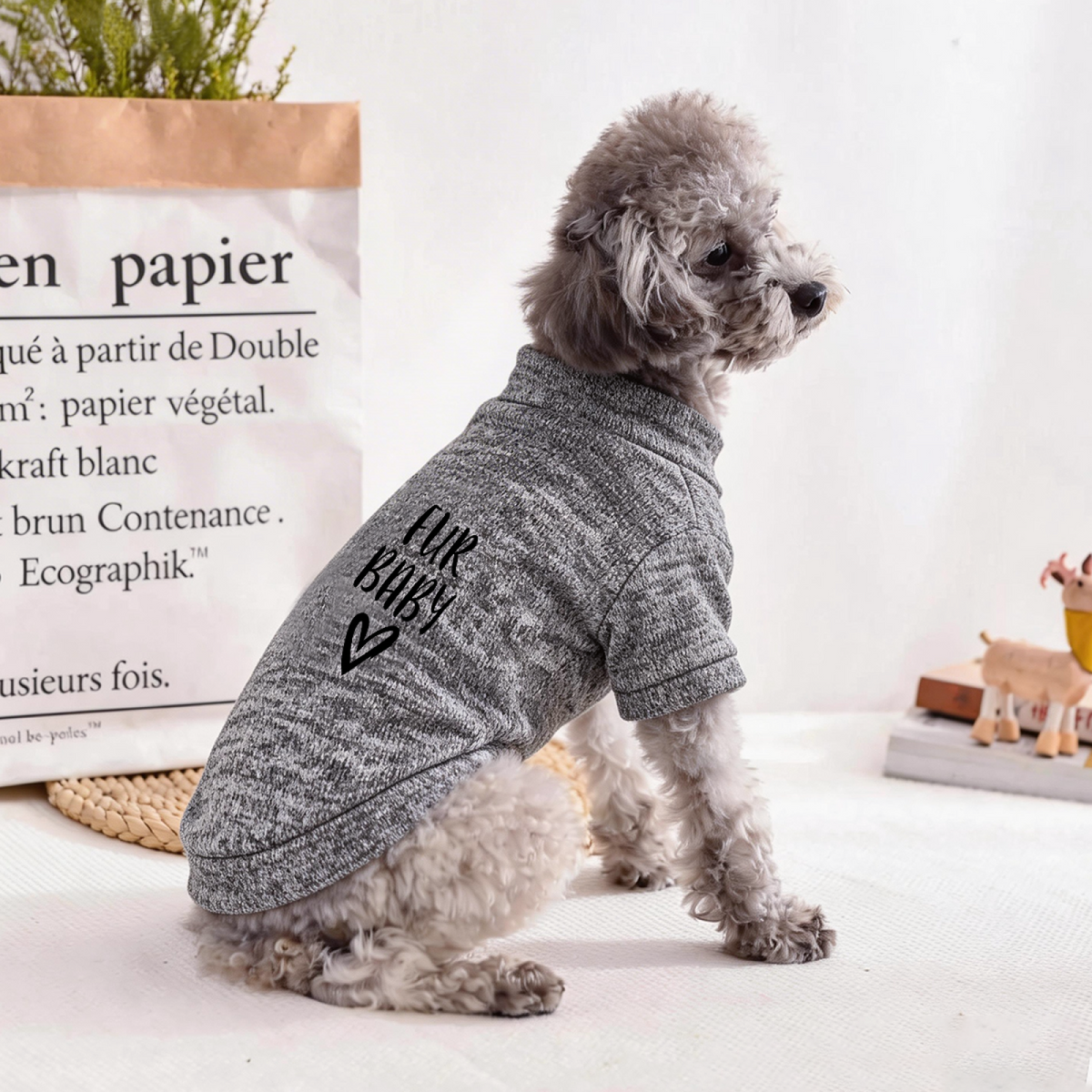 Fur Baby Black Heart Grey Pet Sweater, Simple Cozy Fur Baby Clothes