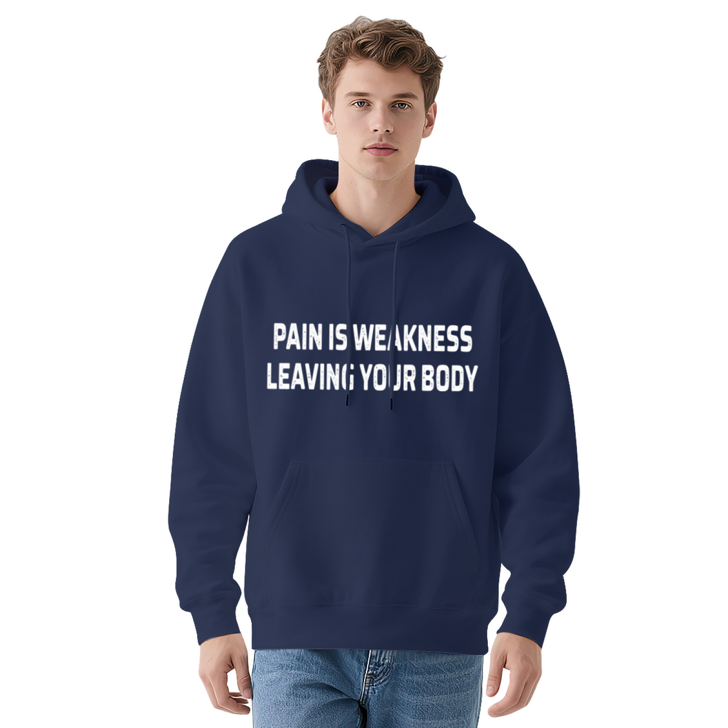 Pain Is Weakness Leaving Your Body Navy Hoodie, Motivational Gym Comfort Hoodie