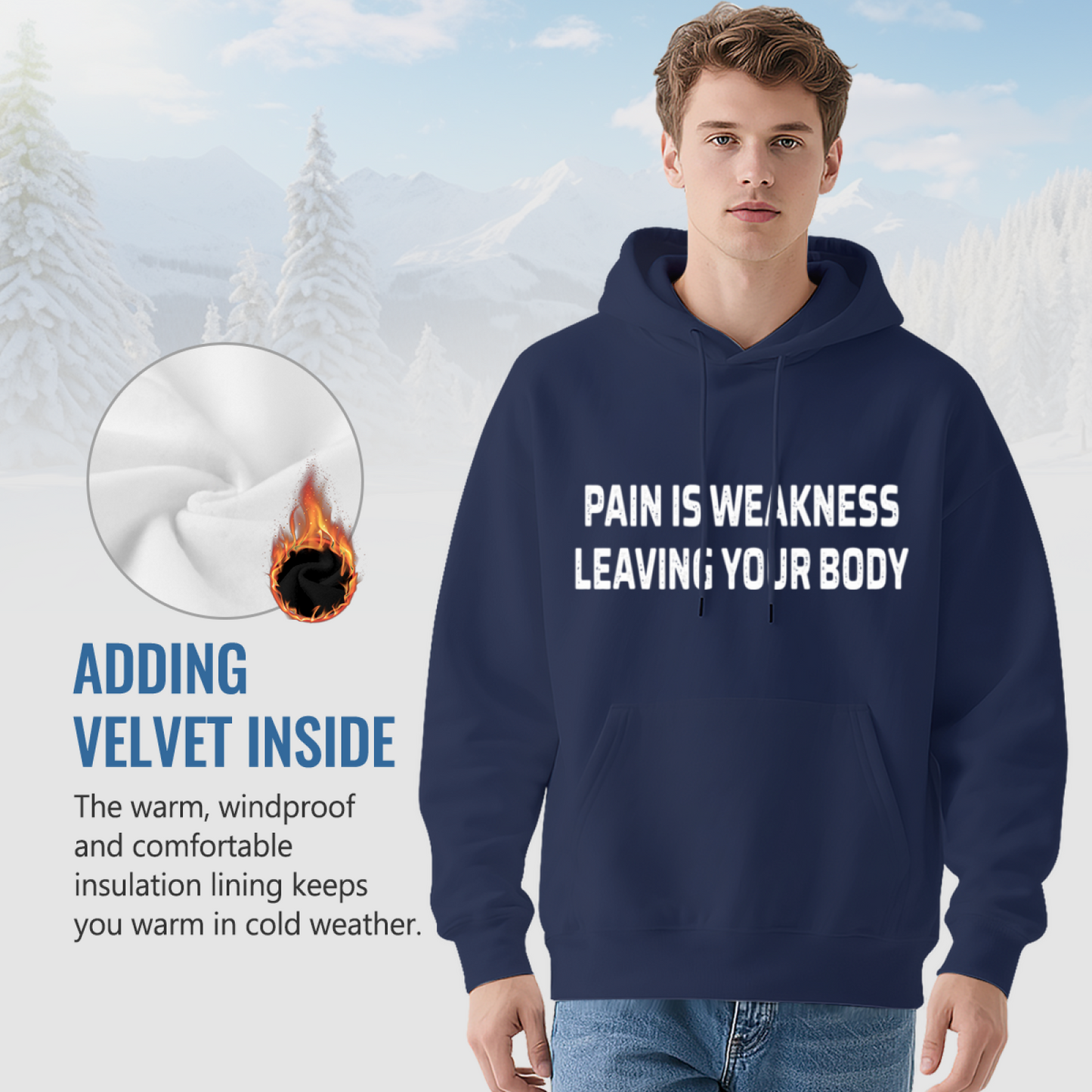 Pain Is Weakness Leaving Your Body Navy Hoodie, Motivational Gym Comfort Hoodie