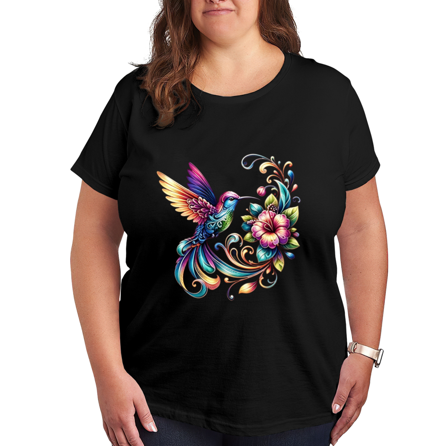 Rainbow Swirl Hummingbird Hibiscus Flower Art Plus Size Ladies Printed T-Shirt