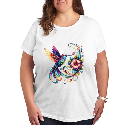 Rainbow Swirl Hummingbird Hibiscus Flower Art Plus Size Ladies Printed T-Shirt